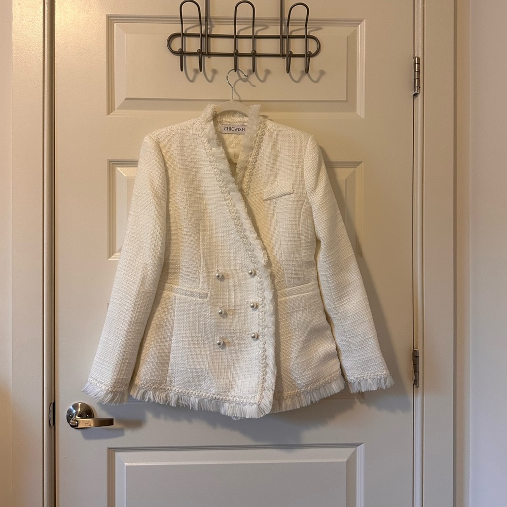 Chicwish White Tweed Fringed Double-Breasted Blazer